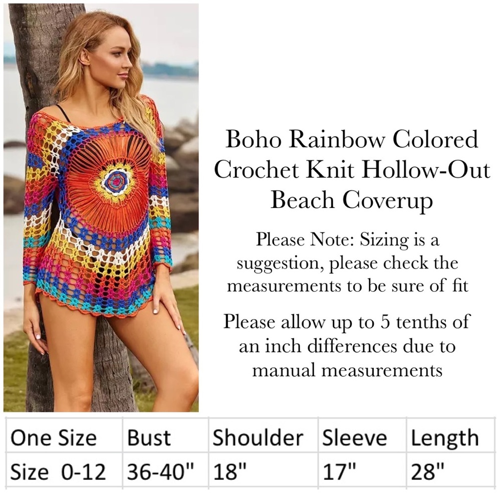 Boho Rainbow Colored Crochet Knit Hollow-Out Beach Coverup - Picture 16 of 16